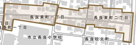 長良東町とその周辺の地図。町の範囲を重ねている