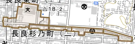 長良校前町とその周辺の地図。町の範囲を重ねている