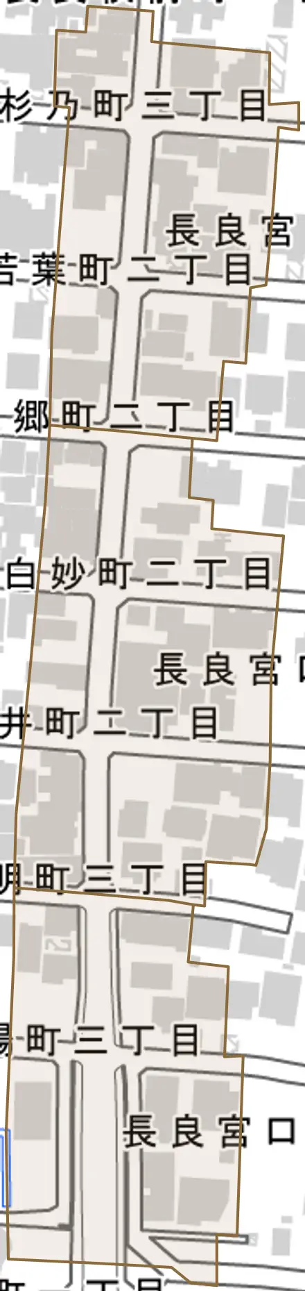 長良宮口町とその周辺の地図。町の範囲を重ねている