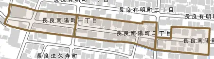 長良南陽町とその周辺の地図。町の範囲を重ねている