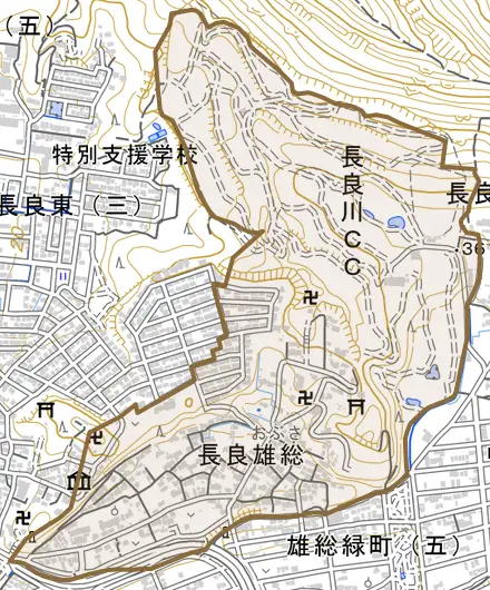 長良雄総とその周辺の地図。町の範囲を重ねている