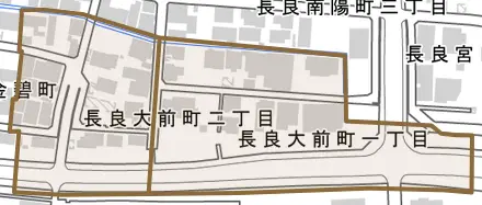 長良大前町とその周辺の地図。町の範囲を重ねている