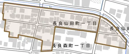 長良仙田町とその周辺の地図。町の範囲を重ねている