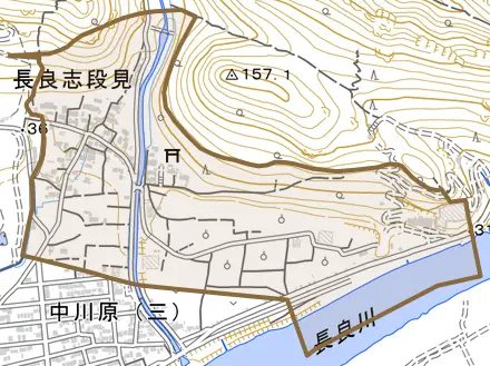 長良志段見とその周辺の地図。町の範囲を重ねている