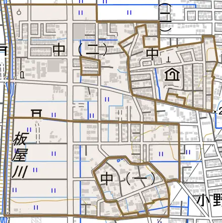 中とその周辺の地図。町の範囲を重ねている