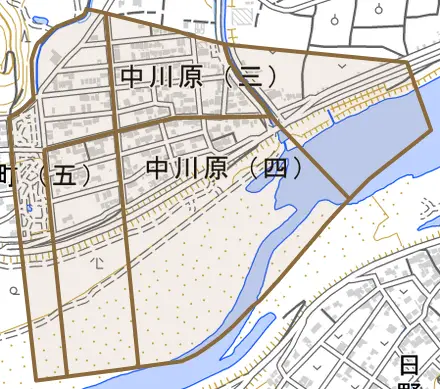 中川原とその周辺の地図。町の範囲を重ねている