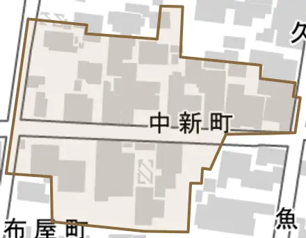 中新町とその周辺の地図。町の範囲を重ねている