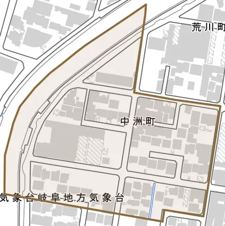 中洲町とその周辺の地図。町の範囲を重ねている