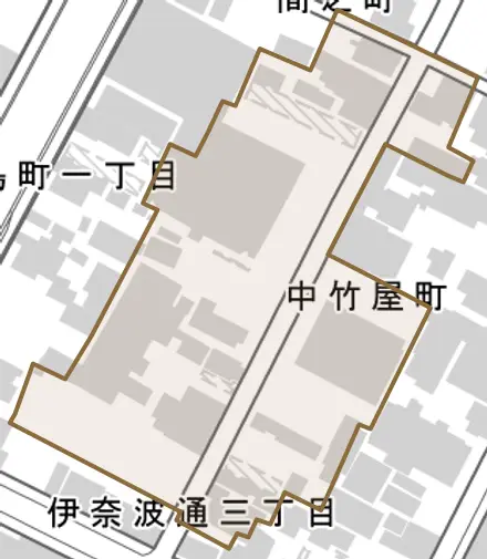 中竹屋町とその周辺の地図。町の範囲を重ねている