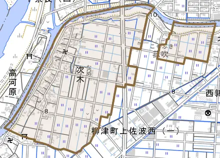 次木とその周辺の地図。町の範囲を重ねている
