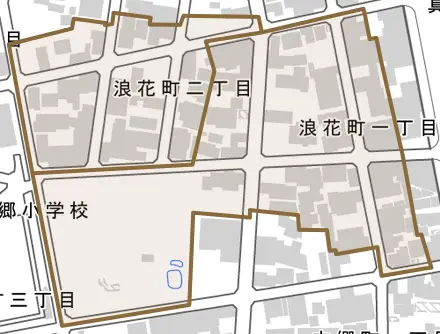 浪花町とその周辺の地図。町の範囲を重ねている