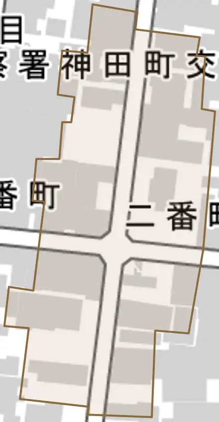 二番町とその周辺の地図。町の範囲を重ねている