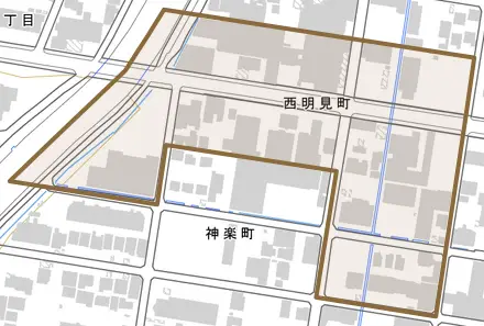 西明見町とその周辺の地図。町の範囲を重ねている