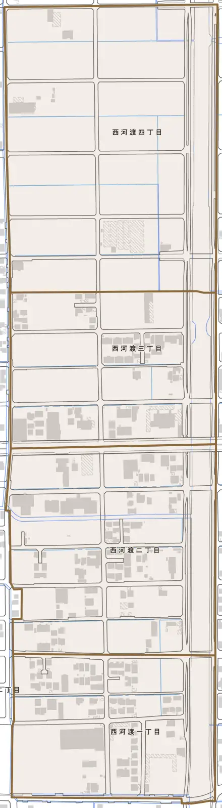 西河渡とその周辺の地図。町の範囲を重ねている