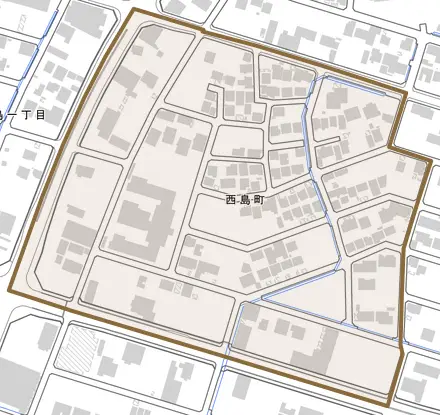 西島町とその周辺の地図。町の範囲を重ねている
