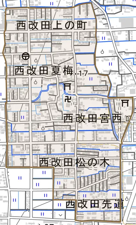 西改田とその周辺の地図。町の範囲を重ねている
