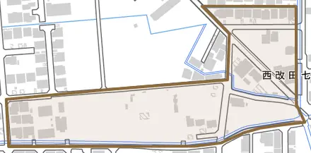 西改田七石とその周辺の地図。町の範囲を重ねている