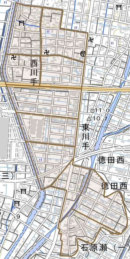 西川手とその周辺の地図。町の範囲を重ねている