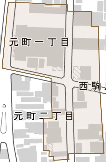 西駒爪町とその周辺の地図。町の範囲を重ねている