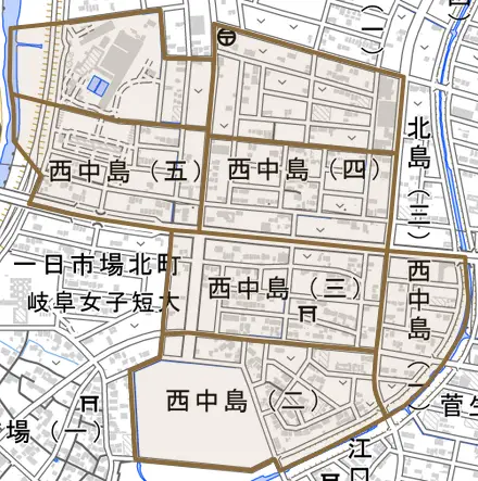 西中島とその周辺の地図。町の範囲を重ねている