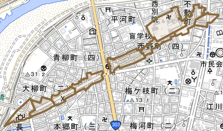 西野町とその周辺の地図。町の範囲を重ねている