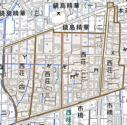 西荘とその周辺の地図。町の範囲を重ねている