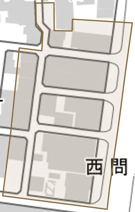 西問屋町とその周辺の地図。町の範囲を重ねている