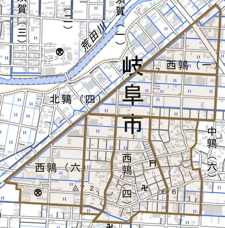 西鶉とその周辺の地図。町の範囲を重ねている
