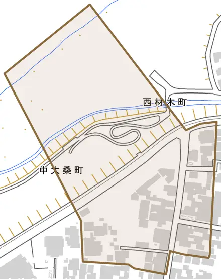 西材木町とその周辺の地図。町の範囲を重ねている
