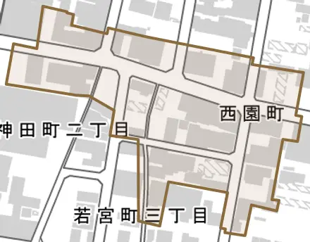 西園町とその周辺の地図。町の範囲を重ねている