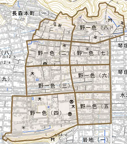 野一色とその周辺の地図。町の範囲を重ねている