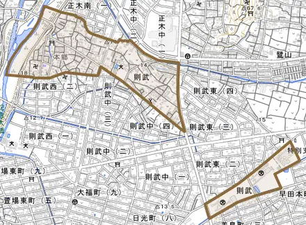 則武とその周辺の地図。町の範囲を重ねている