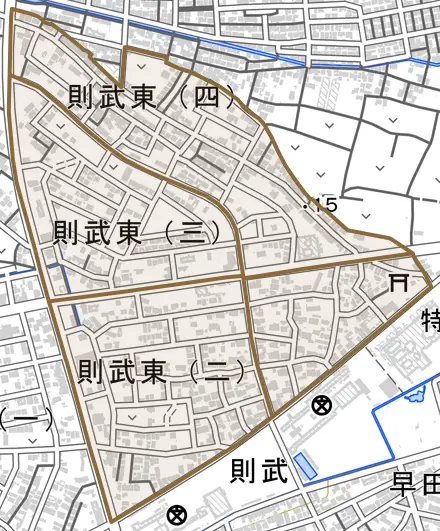 則武東とその周辺の地図。町の範囲を重ねている