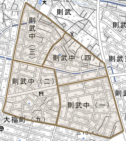 則武中とその周辺の地図。町の範囲を重ねている