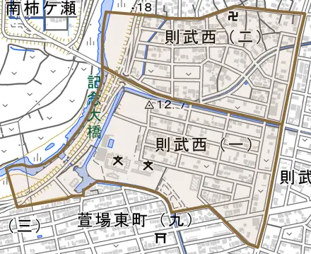 則武西とその周辺の地図。町の範囲を重ねている