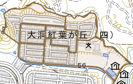 大洞紅葉が丘とその周辺の地図。町の範囲を重ねている