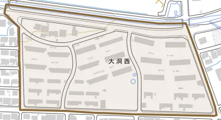 大洞西とその周辺の地図。町の範囲を重ねている