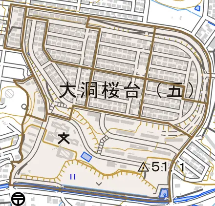 大洞桜台とその周辺の地図。町の範囲を重ねている