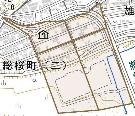 雄総柳町とその周辺の地図。町の範囲を重ねている