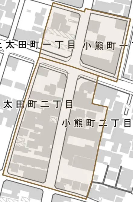 小熊町とその周辺の地図。町の範囲を重ねている
