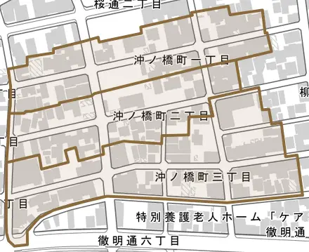 沖ノ橋町とその周辺の地図。町の範囲を重ねている
