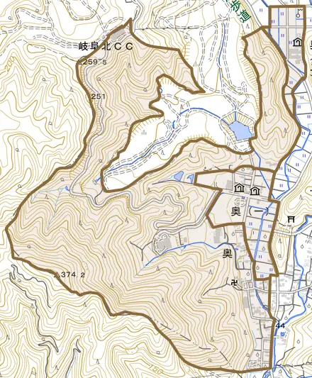 奥とその周辺の地図。町の範囲を重ねている