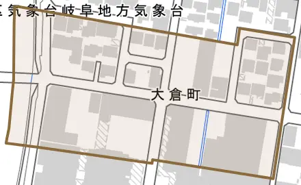大倉町とその周辺の地図。町の範囲を重ねている