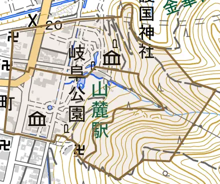 大宮町とその周辺の地図。町の範囲を重ねている