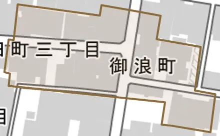 御浪町とその周辺の地図。町の範囲を重ねている