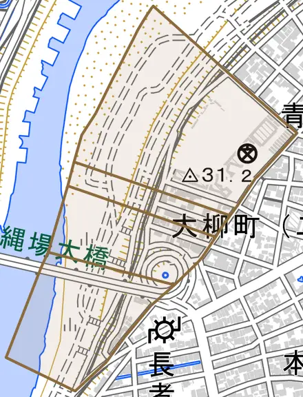 大縄場とその周辺の地図。町の範囲を重ねている