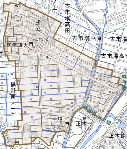 折立とその周辺の地図。町の範囲を重ねている