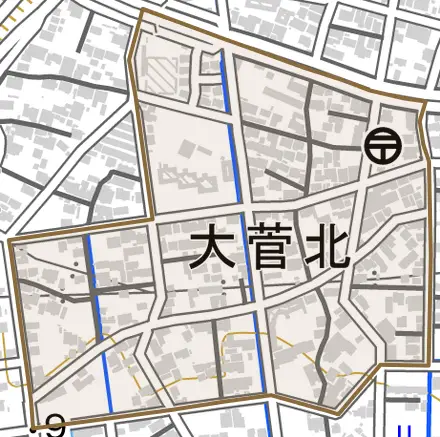 大菅北とその周辺の地図。町の範囲を重ねている