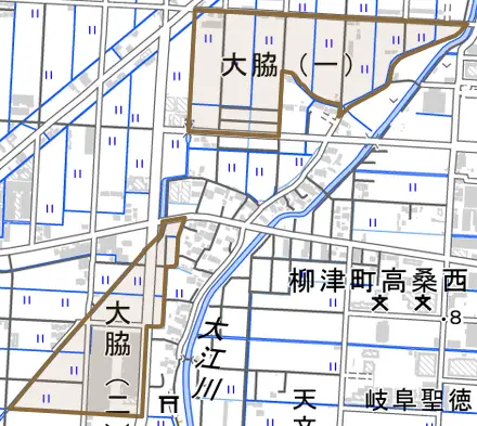 大脇とその周辺の地図。町の範囲を重ねている