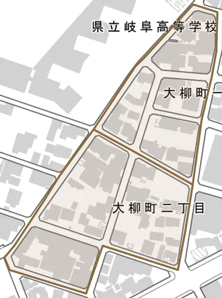 大柳町とその周辺の地図。町の範囲を重ねている